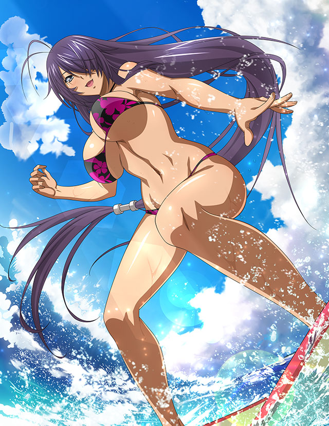 1girl :d bare_arms bare_legs bikini blue_sky breasts cloud day floating_hair floral_print from_below grey_eyes groin hair_over_one_eye ikkitousen kan'u_unchou large_breasts long_hair low-tied_long_hair navel open_mouth outdoors print_bikini purple_hair shiny shiny_hair sky smile solo standing sunlight surfing swimsuit underboob very_long_hair