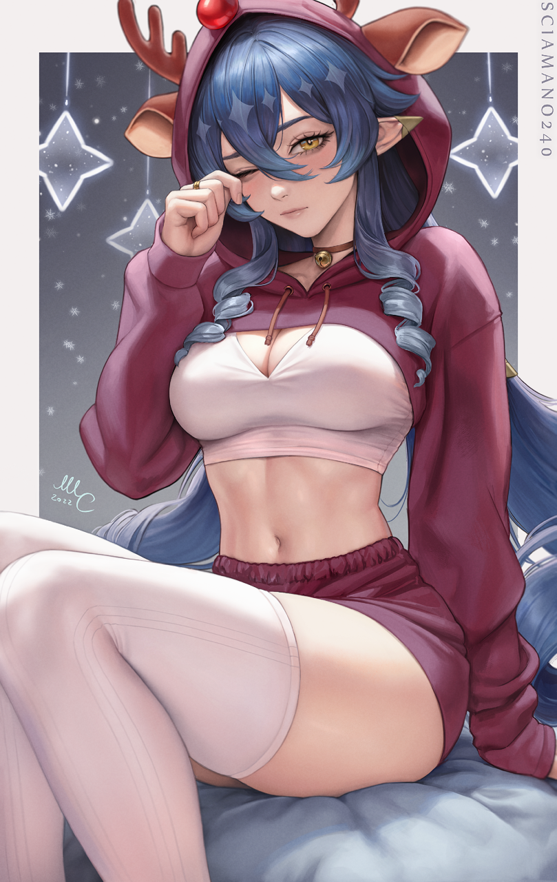 1girl 2022 animal_ears antlers arm_at_side bangs bell blue_hair border breasts christmas cleavage collar collarbone curled_fingers dated english_commentary fake_animal_ears genshin_impact hair_between_eyes hand_up highres hood hood_up jewelry jingle_bell layla_(genshin_impact) long_bangs long_hair long_sleeves medium_breasts navel one_eye_closed pointy_ears red_collar red_shorts red_sleeves reindeer_antlers ring rubbing_eyes santa_costume sciamano240 shorts signature sitting solo sparkle thighhighs thighs twintails very_long_hair white_border white_thighhighs yellow_eyes