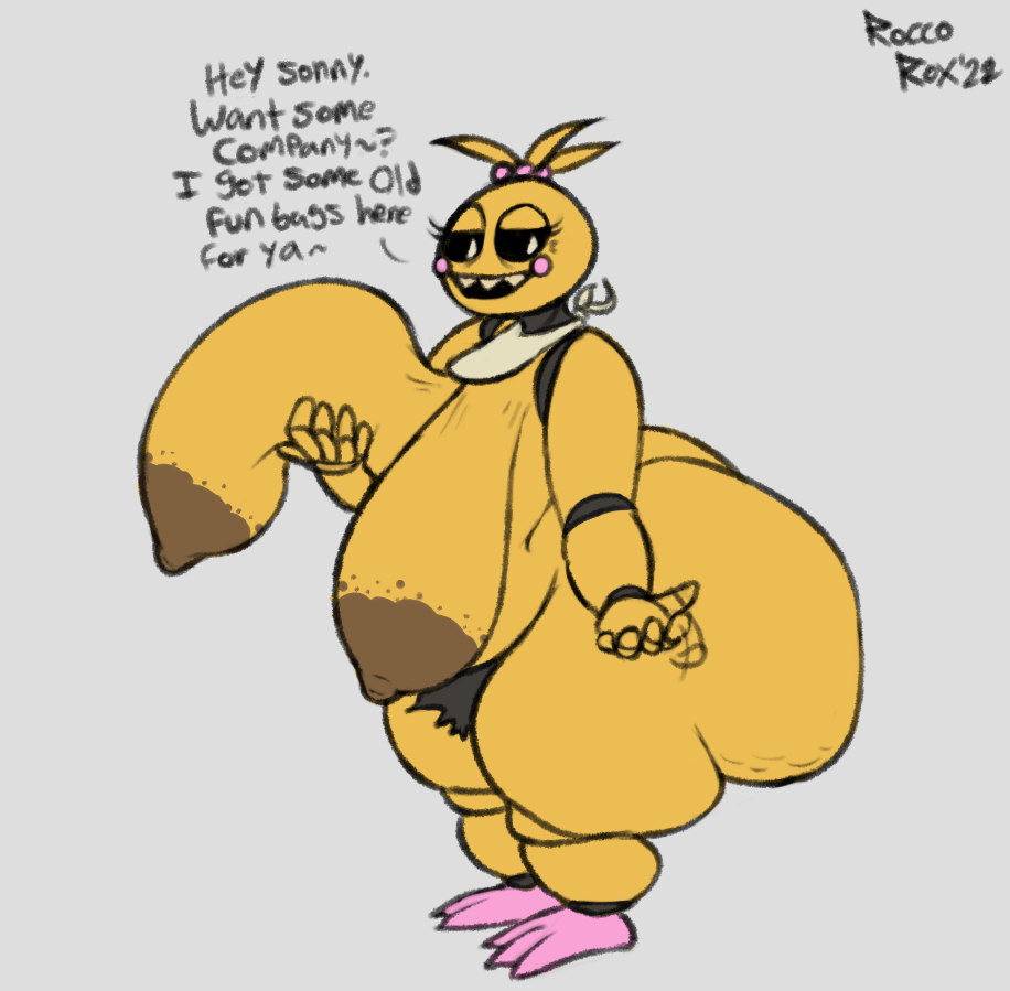 animatronic anthro avian beckoning bib big_breasts big_butt bird black_pubes black_sclera breasts butt cellulite chicken dialogue elderly_female english_text female five_nights_at_freddy's five_nights_at_freddy's_2 galliform gallus_(genus) gesture grey_background holding_breast huge_breasts huge_butt huge_thighs hyper hyper_breasts hyper_butt machine nipples non-mammal_nipples old overweight overweight_anthro overweight_female phasianid pink_talons pubes question_mark robot roccorox sagging_breasts scottgames simple_background solo talons text thick_thighs toy_chica_(fnaf) video_games white_eyes yellow_body