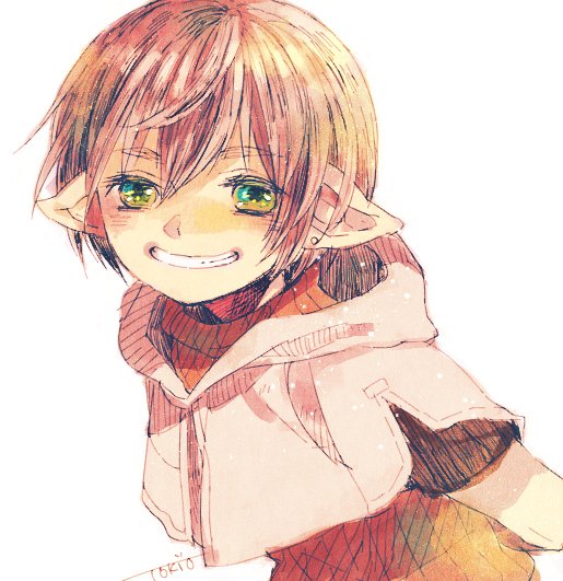 1boy bangs blush brown_shirt commentary_request cropped_jacket earrings green_eyes grin hair_between_eyes hunter_(ragnarok_online) jacket jewelry looking_at_viewer male_focus pink_hair pointy_ears ragnarok_online shirt short_hair short_sleeves signature simple_background smile solo stud_earrings tokio_(okt0w0) upper_body white_background white_jacket