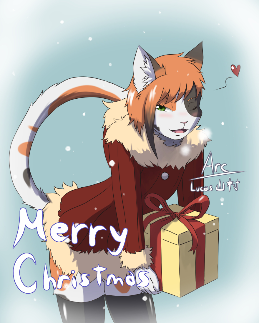 3 anthro arc_rose blush calico_cat christmas christmas_clothing clothing domestic_cat felid feline felis female gift gift_box holidays looking_at_viewer mammal merry_christmas mottled one_eye_closed open_mouth piebald snow