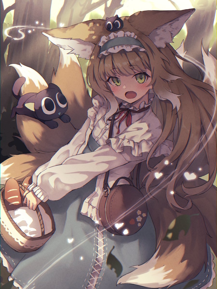 1girl animal_ears arknights bag baguette basket black_cat blonde_hair blue_hairband blue_skirt bread cat commentary_request crossover day food fox_ears fox_girl fox_tail frilled_hairband frills green_eyes hairband heixiu highres holding holding_basket jacket kitsune long_hair looking_at_viewer luoxiaohei multicolored_hair neck_ribbon on_head open_clothes open_jacket open_mouth outdoors red_ribbon ribbon ryuinu shirt shoulder_bag skirt suzuran_(arknights) suzuran_(spring_praise)_(arknights) tail the_legend_of_luo_xiaohei tree two-tone_hair very_long_hair white_hair white_jacket white_shirt