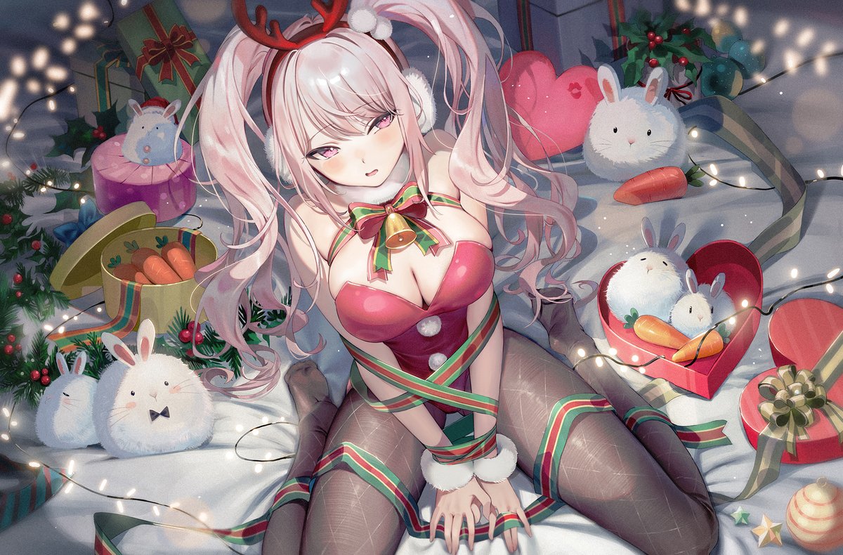 1girl animal_ears arm_wrap bangs bare_shoulders bow bowtie box breasts brown_pantyhose carrot character_request christmas christmas_lights cleavage commentary_request deer_ears emyo from_above full_body gift gift_box goddess_of_victory:_nikke hairband hand_on_floor heart indoors large_breasts leotard on_bed open_mouth pantyhose pink_eyes pink_hair playboy_bunny rabbit red_hairband red_leotard sitting solo wariza