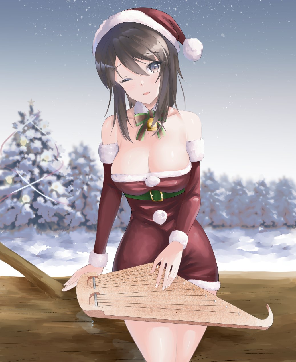 1girl alternate_headwear bangs bell bow bowtie brown_eyes brown_hair christmas collar commentary detached_collar detached_sleeves dress eno_(mauritz_stiller) forest fur-trimmed_dress fur-trimmed_sleeves fur_trim girls_und_panzer green_bow green_bowtie grey_sky hat highres holding holding_instrument instrument kantele long_hair looking_at_viewer microdress mika_(girls_und_panzer) nature neck_bell one_eye_closed open_mouth outdoors red_dress red_headwear red_sleeves santa_dress santa_hat sitting sky smile snow solo star_(sky) starry_sky strapless strapless_dress tree white_collar wing_collar
