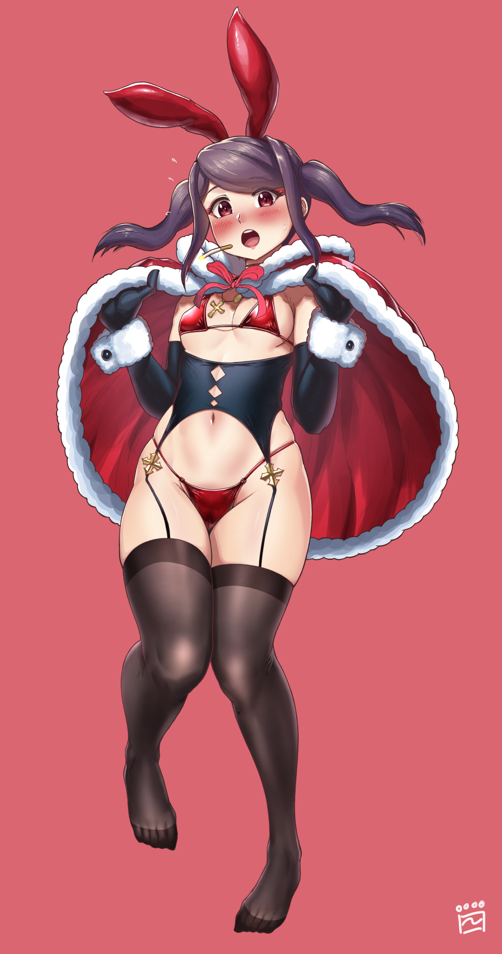 1girl animal_ears bikini black_garter_straps black_gloves black_thighhighs blush breasts cameltoe cape christmas cigarette commentary_request cross cross_necklace elbow_gloves embarrassed fake_animal_ears finalcake full_body gloves highres jewelry jill_stingray long_hair looking_at_viewer medium_breasts micro_bikini navel necklace no_shoes purple_hair rabbit_ears red_bikini red_cape red_eyes solo swimsuit thighhighs twintails underboob va-11_hall-a wrist_cuffs