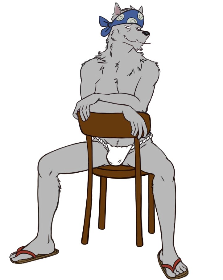 anthro asian_clothing bandanna black_nose blue_bandanna blue_kerchief bulge chair clothing east_asian_clothing footwear fundoshi fur furniture grey_body grey_fur hand_on_object japanese_clothing kerchief male sandals simple_background smile solo the_boy_and_the_beast thegreatmatsutzu toothpick underwear white_background white_clothing white_fundoshi white_underwear