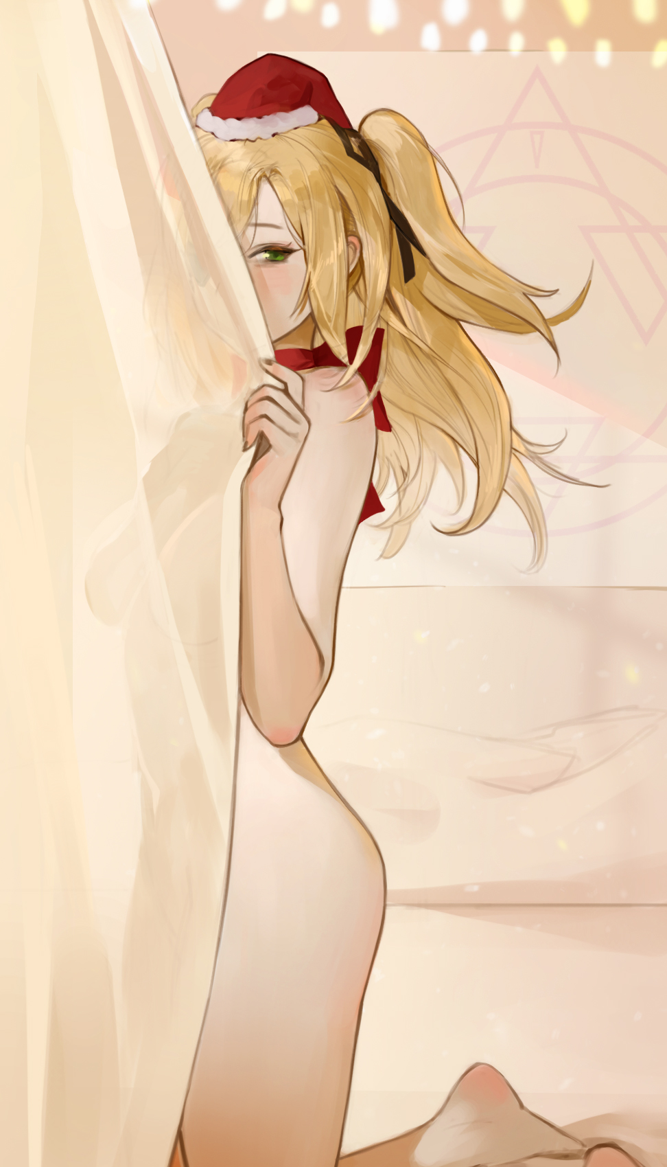 1girl barefoot blonde_hair breasts christmas curtain_grab curtains feet fischl_(genshin_impact) genshin_impact green_eyes hat highres long_hair looking_at_viewer medium_breasts midfinger nude red_headwear red_ribbon ribbon santa_hat see-through see-through_silhouette solo thighs