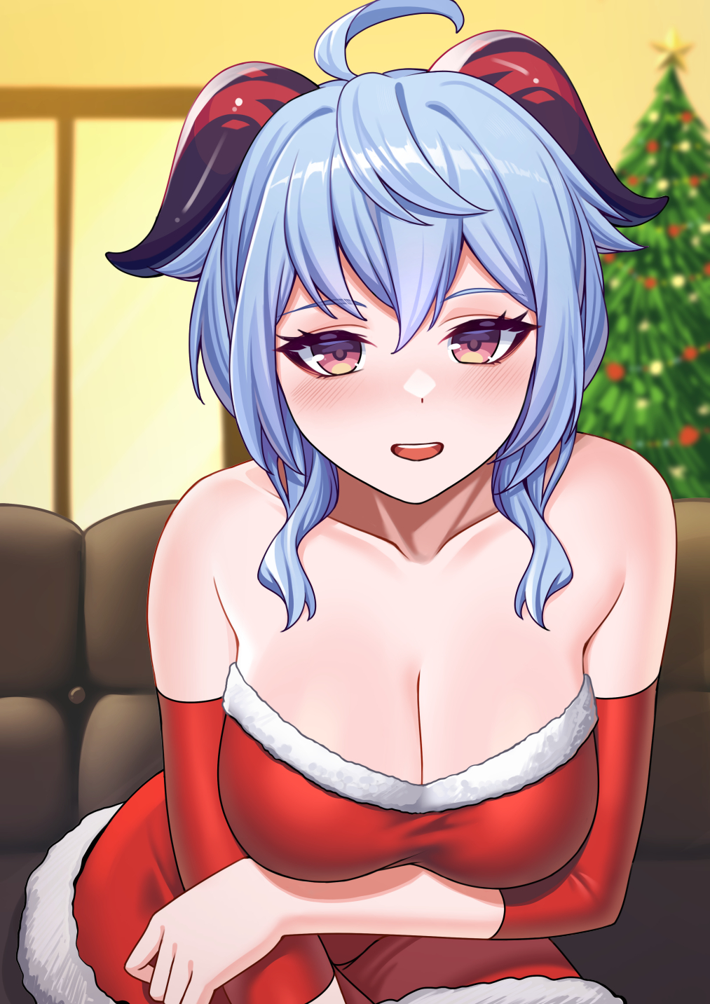 1girl ahoge bangs bare_shoulders blue_hair blurry blurry_background blurry_foreground blush boots box breast_hold breast_rest breasts brown_eyes candy candy_cane christmas christmas_lights christmas_ornaments christmas_tree cleavage close-up closed_mouth collarbone couch depth_of_field detached_sleeves dress elbow_gloves fake_antlers food fur-trimmed_dress fur-trimmed_skirt fur-trimmed_sleeves fur_collar fur_trim ganyu_(genshin_impact) genshin_impact gloves goat_horns hair_between_eyes half-closed_eyes highres holly horns indoors large_breasts long_hair looking_at_viewer medium_breasts merry_christmas ornament purple_eyes red_dress red_sleeves ribbon santa_costume santa_dress silcorpio sitting skirt smile solo thighhighs window wreath