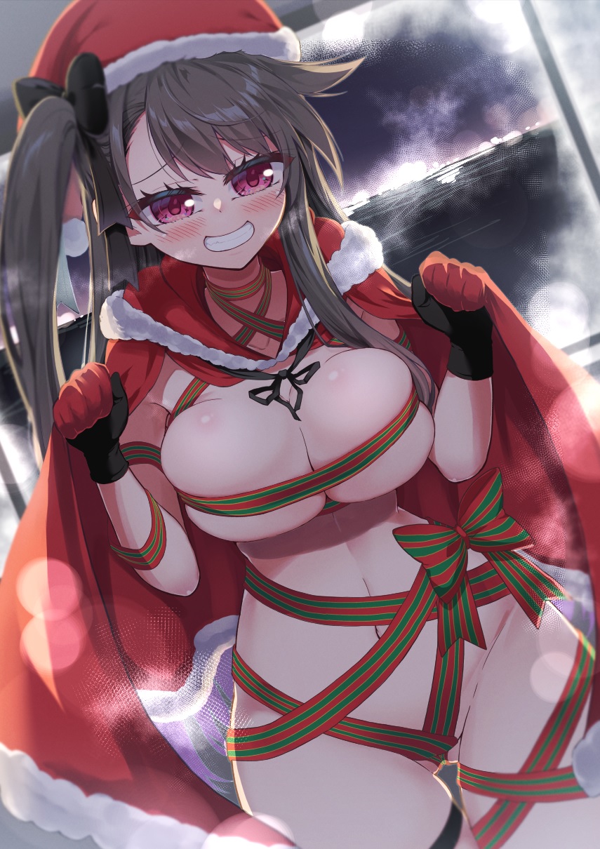 1girl ass_visible_through_thighs azur_lane black_bow black_gloves blush bow breasts brown_hair cape christmas cleavage cold cowboy_shot exhibitionism from_above fur-trimmed_cape fur_trim gift_wrapping gloves grin groin hair_bow hat highres large_breasts long_hair looking_at_viewer midriff mikage_(shibi) naked_cape naked_ribbon naughty_face navel outdoors pamiat_merkuria_(azur_lane) pink_eyes presenting public_indecency red_cape ribbon santa_hat side_ponytail skindentation smile solo thigh_gap underboob very_long_hair