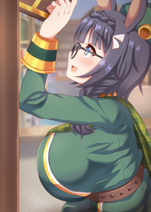 1girl animal_ears belt beret blue_eyes blush book bookshelf breasts commentary_request glasses hat horse_ears horse_girl horse_tail ikue_fuuji large_breasts library long_hair looking_to_the_side open_mouth solo tail umamusume uniform zenno_rob_roy_(umamusume)