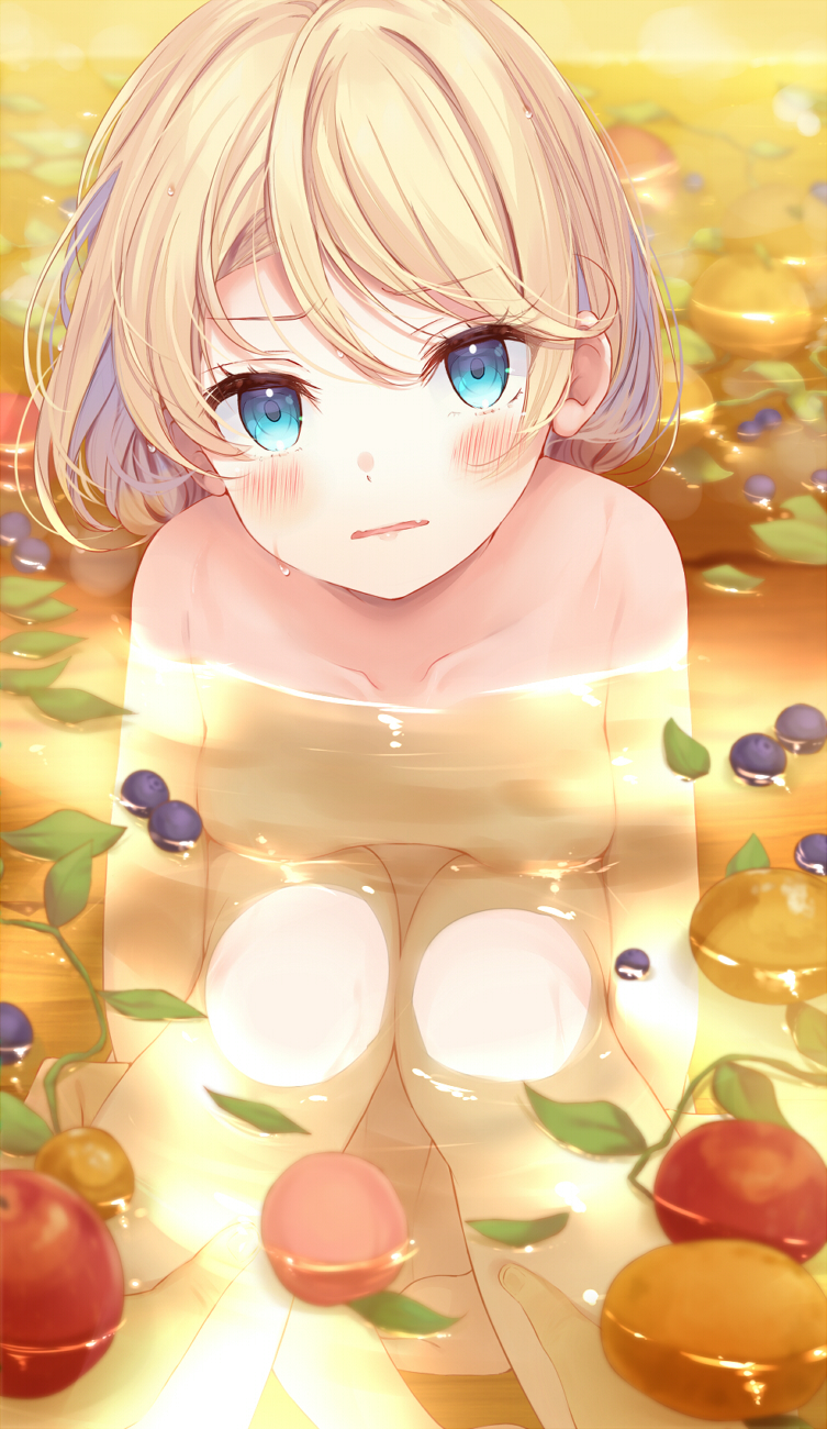 1girl apple bath blonde_hair blue_eyes blueberry blush breasts censored completely_nude convenient_censoring d: esia_mariveninne fang food fruit furrowed_brow highres komone_ushio looking_at_viewer nude open_mouth orange_(fruit) original short_hair sitting skin_fang small_breasts solo