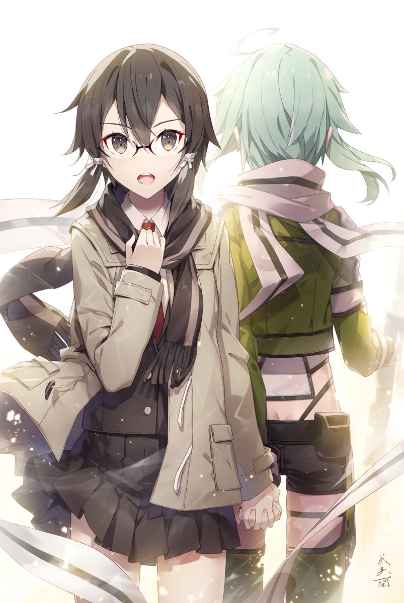 2girls :o asada_shino ass bangs black_eyes black_jacket black_scarf black_shorts black_skirt brown_hair brown_jacket buttons collared_shirt cowboy_shot dual_persona gabiran glasses green_jacket green_thighhighs grey_hair hair_between_eyes hair_ribbon hand_up highres holding_hands jacket midriff multiple_girls necktie open_mouth pleated_skirt red_necktie ribbon scarf shirt shorts sidelocks sinon skirt sword_art_online thighhighs white_background white_scarf white_shirt