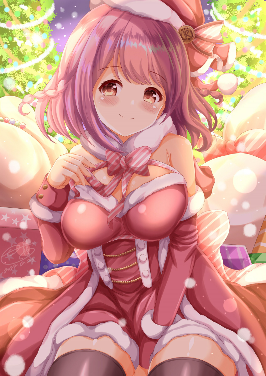 1girl bangs bare_shoulders between_legs black_thighhighs blush box breasts brown_eyes christmas christmas_ornaments christmas_tree closed_mouth commentary_request dress fur-trimmed_dress fur-trimmed_headwear fur-trimmed_jacket fur-trimmed_sleeves fur_trim gift gift_box hand_between_legs hand_up hat highres hoshizaki_akari jacket large_breasts looking_at_viewer off_shoulder ongeki pink_hair red_dress red_headwear red_jacket sack santa_costume santa_hat sitting smile solo thighhighs zenon_(for_achieve)