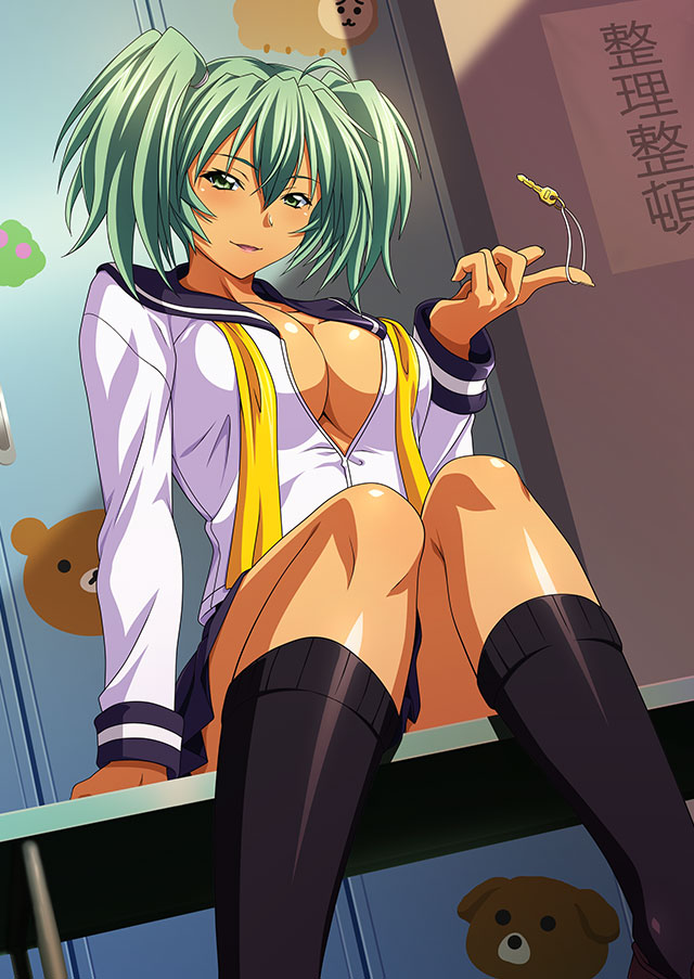 1girl aqua_hair bangs black_socks blue_sailor_collar blue_skirt collared_shirt dress_shirt dutch_angle green_eyes hair_between_eyes ikkitousen indoors key long_hair long_sleeves looking_at_viewer miniskirt open_clothes open_shirt parted_lips pleated_skirt ryofu_housen sailor_collar sailor_shirt school_uniform serafuku shiny shiny_hair shiny_skin shirt sitting skirt socks solo twintails white_shirt