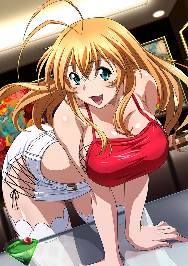 1girl :d alternate_costume antenna_hair ass_visible_through_thighs bangs bare_arms bent_over black_ribbon blonde_hair blue_eyes breasts cleavage collarbone dutch_angle fang floating_hair hair_between_eyes ikkitousen indoors large_breasts long_hair microskirt midriff open_mouth ribbon shiny shiny_hair shiny_skin skirt smile solo sonsaku_hakufu straight_hair thighhighs white_skirt white_thighhighs