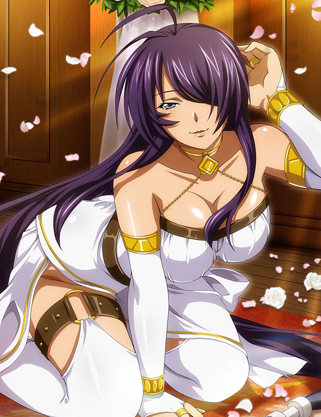 1girl alternate_costume antenna_hair arm_up breasts bridal_gauntlets cleavage collarbone detached_sleeves dress flower grey_eyes hair_over_one_eye ikkitousen indoors kan'u_unchou kneeling large_breasts leaning_forward long_hair long_sleeves looking_at_viewer parted_lips petals purple_hair rose shiny shiny_hair sleeveless sleeveless_dress smile solo sunlight thigh_strap thighhighs very_long_hair white_dress white_flower white_rose white_sleeves white_thighhighs wooden_floor