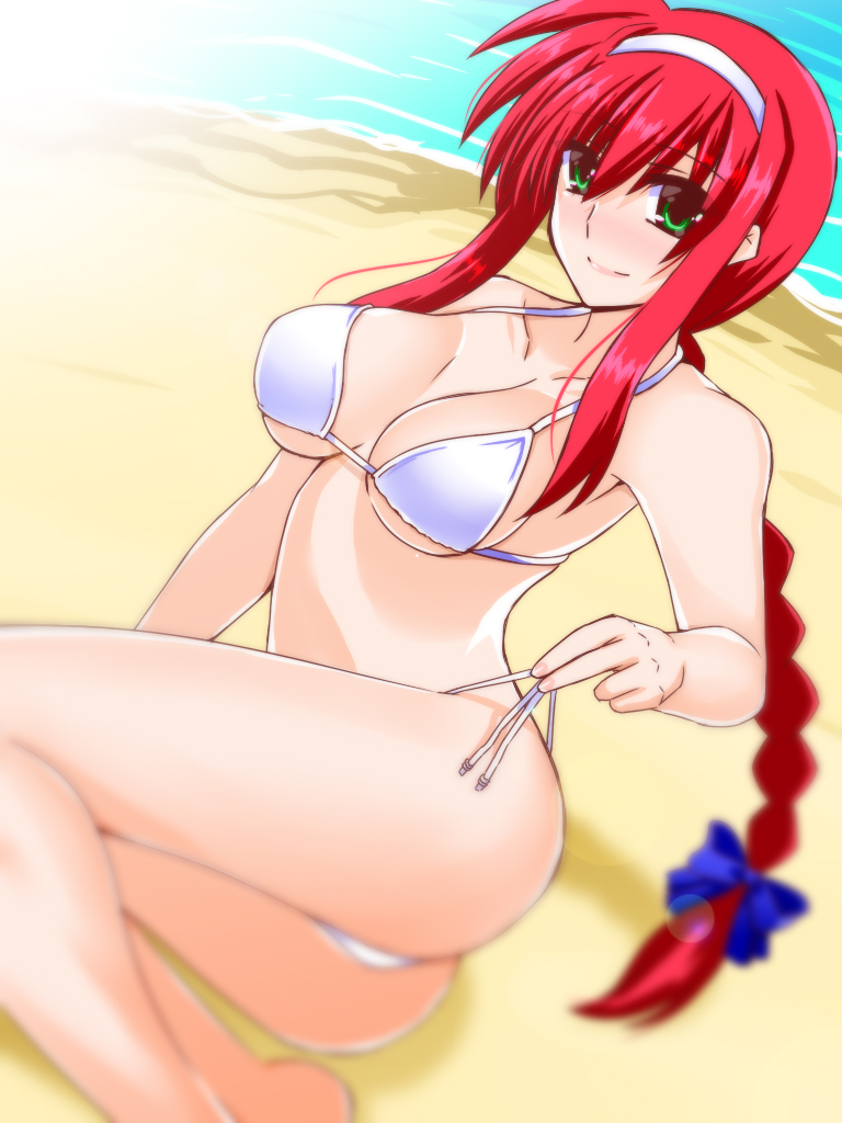 1girl amitie_florian bangs bare_arms bare_legs beach bikini blue_bow blurry blurry_foreground bow braid braided_ponytail breasts cleavage closed_mouth collarbone day engo_(aquawatery) green_eyes hair_between_eyes hair_bow hairband halterneck large_breasts lens_flare long_hair looking_at_viewer low_ponytail lyrical_nanoha mahou_shoujo_lyrical_nanoha outdoors red_hair shiny shiny_hair side-tie_bikini_bottom sideboob sidelocks sketch smile solo swimsuit underboob very_long_hair white_bikini white_hairband