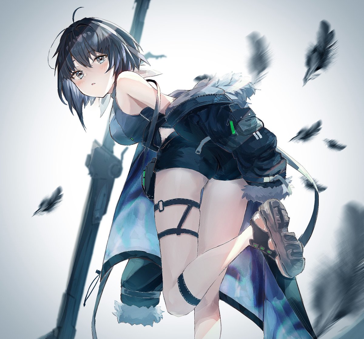 1girl ahoge arknights bare_shoulders bent_over black_feathers blurry blush breasts butasanp commentary cropped_legs depth_of_field feathers fur_jacket grey_tank_top hair_strand jacket la_pluma_(arknights) leg_up looking_at_viewer looking_back mixed-language_commentary off_shoulder open_clothes open_jacket scythe short_hair solo solo_focus standing standing_on_one_leg tank_top thigh_strap weapon zipper