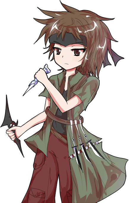 1other alphes_(style) androgynous atoymk black_headband black_shirt brown_eyes brown_hair commentary_request dagger frown green_shirt headband holding holding_dagger holding_knife holding_weapon knife kurohebi len'en open_clothes open_shirt other_focus pants parody pocket red_pants shirt short_hair short_sleeves simple_background solo style_parody transparent_background v-neck weapon