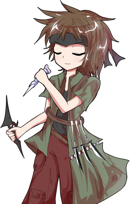 1other alphes_(style) androgynous atoymk black_headband black_shirt brown_hair closed_eyes commentary_request dagger green_shirt headband holding holding_dagger holding_knife holding_weapon knife kurohebi len'en light_smile open_clothes open_shirt other_focus pants parody pocket red_pants shirt short_hair short_sleeves simple_background solo style_parody transparent_background v-neck weapon