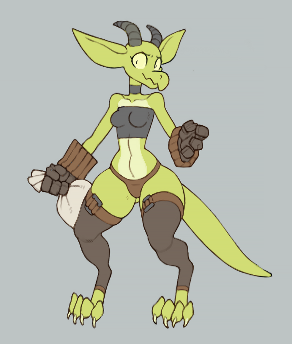 anthro breasts clothing female gloves green_body green_scales handwear horn kobold legwear long_ears long_tail looking_at_viewer reptile robotjoe scales scalie solo thick_thighs thigh_highs underwear wide_hips