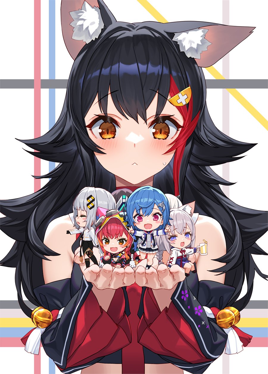 5girls animal_ear_fluff animal_ears bangs beer_mug black_hair black_shirt black_sleeves blue_eyes blue_hair blush closed_eyes closed_mouth cropped_shirt cup detached_sleeves grey_hair hachi_(live_union) hair_ornament hairclip highres hololive indie_virtual_youtuber izumi_sai live_union long_hair long_sleeves looking_at_viewer mug multicolored_hair multiple_girls necktie nekota_tsuna nijisanji nishizono_chigusa ookami_mio open_mouth paw_pose purple_eyes red_hair red_necktie shirt shoufuku_nyako sidelocks sitting sleeveless sleeveless_shirt standing standing_on_one_leg streaked_hair upper_body virtual_youtuber vspo! wolf_ears wolf_girl yellow_eyes