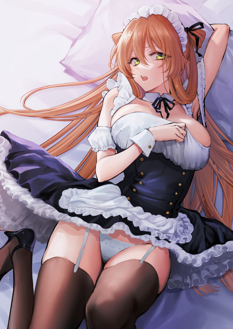 1girl alternate_costume apron arm_up armpits black_thighhighs breasts brown_hair buttons commentary detached_collar detached_sleeves double-breasted enmaided eyebrows_hidden_by_hair frilled_apron frilled_skirt frills g36_(girls'_frontline) garter_straps girls'_frontline green_eyes hair_between_eyes hair_ribbon hair_rings hand_on_own_chest highres large_breasts long_hair low_neckline lying maid maid_headdress neck_ribbon on_back on_bed open_mouth panties pantyshot ribbon shoukaki_(earthean) sidelocks skirt springfield_(girls'_frontline) symbol-only_commentary thighhighs underwear waist_apron white_panties