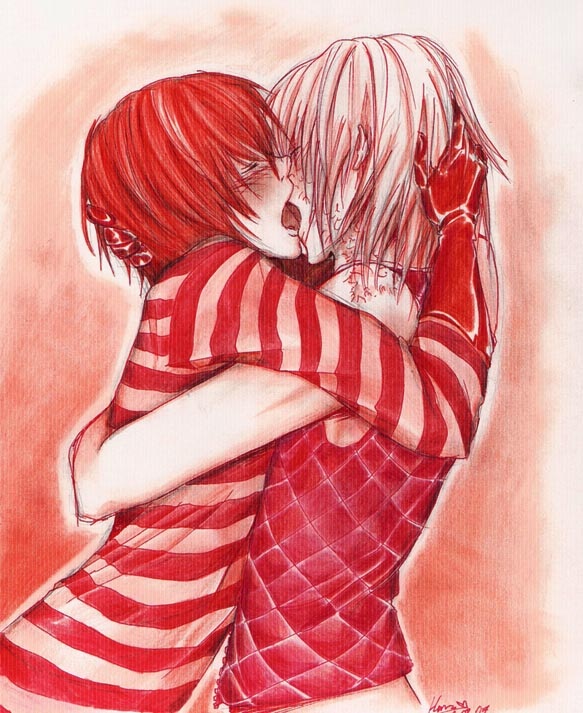 2boys blush death_note french_kiss kiss kissing matt matt_(death_note) mello monochrome multiple_boys scar shueisha striped stripes tongue yaoi