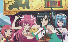 4girls animated animated_gif bouncing_breasts breasts censored covering gif jump jumping kan'u kanu koihime_musou lowres multiple_girls nipples pointless_censoring ryuubi