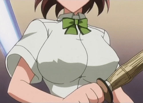 1girl animated animated_gif bounce bouncing_breasts breasts brown_hair bust ceiling close-up erect_nipples from_below fujiwara_naeka gif head_out_of_frame holding huge_breasts indoors kamen_no_maid_guy kendo large_breasts lights lowres school_uniform shinai shirt short_hair solo sword upper_body weapon