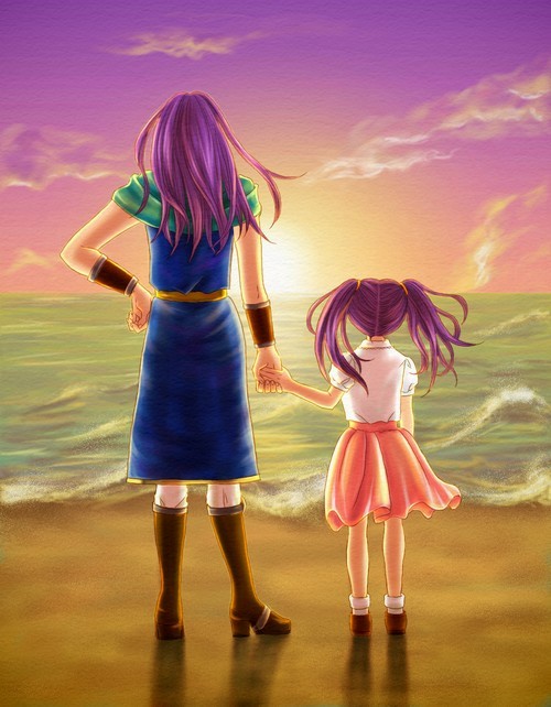 age_difference beach boots faris_scherwiz female final_fantasy final_fantasy_v girl hand_holding hebiitigo long_hair ocean pigtails purple_hair sea shirt short_twintails skirt sky sun twintails wristband you-stg