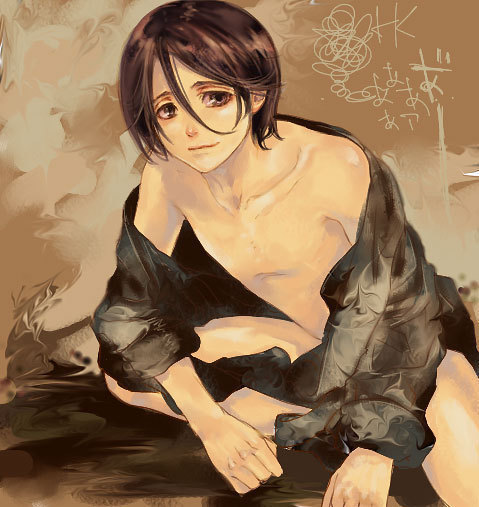 androgynous artist_request bare_chest bare_legs bare_shoulders black_hair bleach collarbone leaning_forward male male_focus open_clothes short_hair smile solo yamada_hanatarou