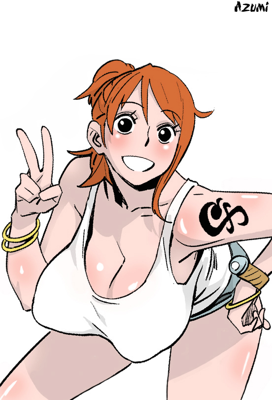 bangle bent_over black_eyes blush bracelet breasts cleavage hand_on_hip hanging_breasts huge_breasts jewelry log_pose nami_(one_piece) one_piece orange_hair ponytail short_hair short_shorts shorts smile solo tank_top tattoo v watch wristwatch
