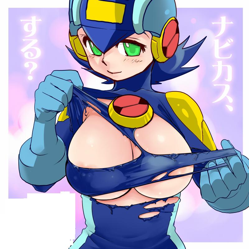 blush bodysuit breasts genderswap genderswap_(mtf) green_eyes large_breasts rockman rockman_exe rockman_exe_(character) smile solo third-party_edit torn_clothes yumiya