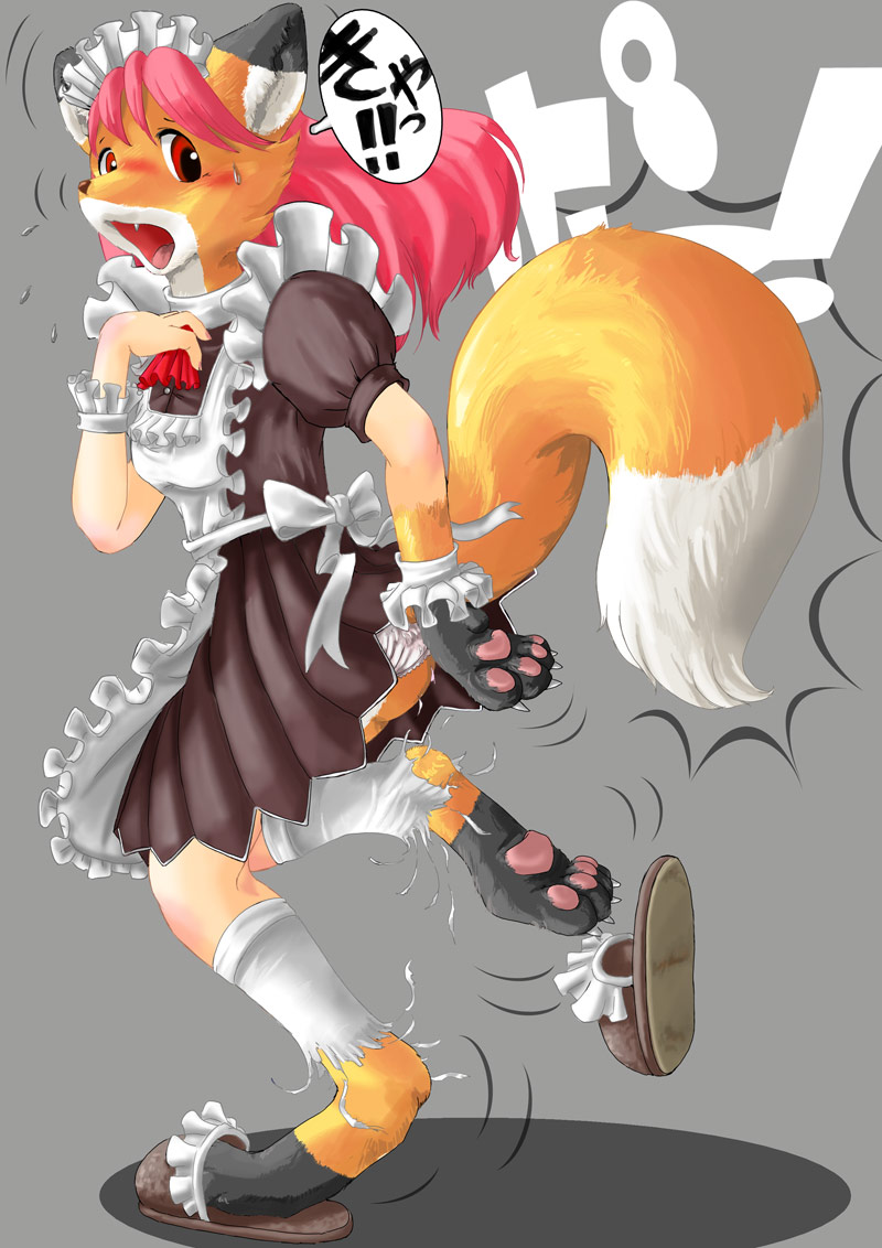 edmol fox maid maid_uniform mammal paws pink_hair red_eyes slippers socks tail teeth transformation underwear vixen