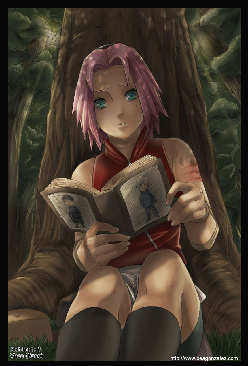 1girl against_tree alternate_eye_color aqua_eyes arm_warmers artist_name artist_request bare_shoulders bike_shorts black_boots book boots collarbone fingernails forest grass haruno_sakura headband headdress highres holding holding_book injury knee_boots laceration looking_down miniskirt naruto naruto_shippuuden nature open_book parted_lips pink_hair pink_skirt reading red_shirt shirt short_hair shorts shorts_under_skirt side_slit sitting skirt sleeveless sleeveless_shirt solo spandex sweat tree web_address zipper