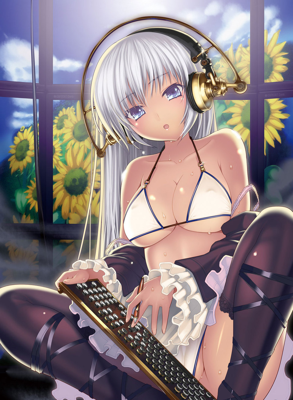 bikini breasts cleavage coffee_cat duplicate gladiator_heels headphones highres instrument keyboard_(instrument) large_breasts partially_visible_vulva solo steampunk sweat swimsuit thighhighs
