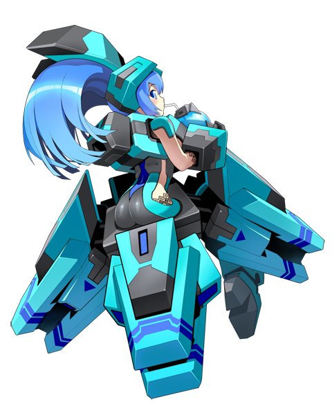 ass blue_hair cosmic_break drinking lily_rain long_hair looking_back mecha_musume straw twintails