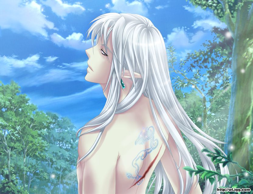 earrings forest frederico injury jewelry long_hair male_focus nature nude pointy_ears silver_hair solo tattoo wonderland_online