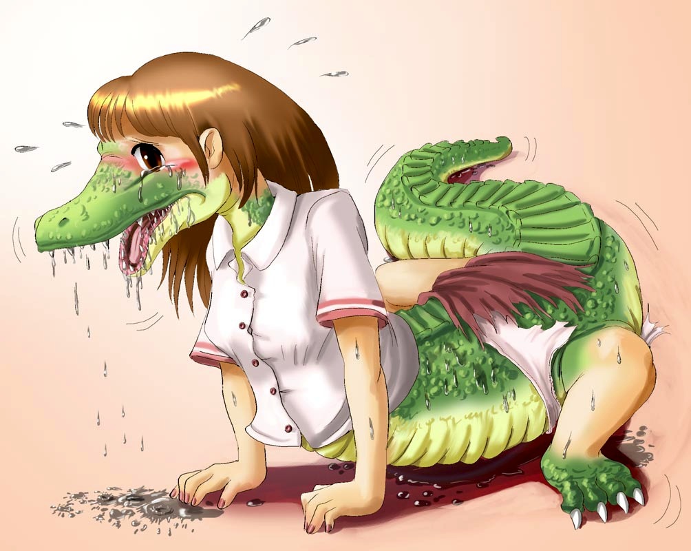 alligator brown_hair crocodilian edmol red_eyes tail tears transformation