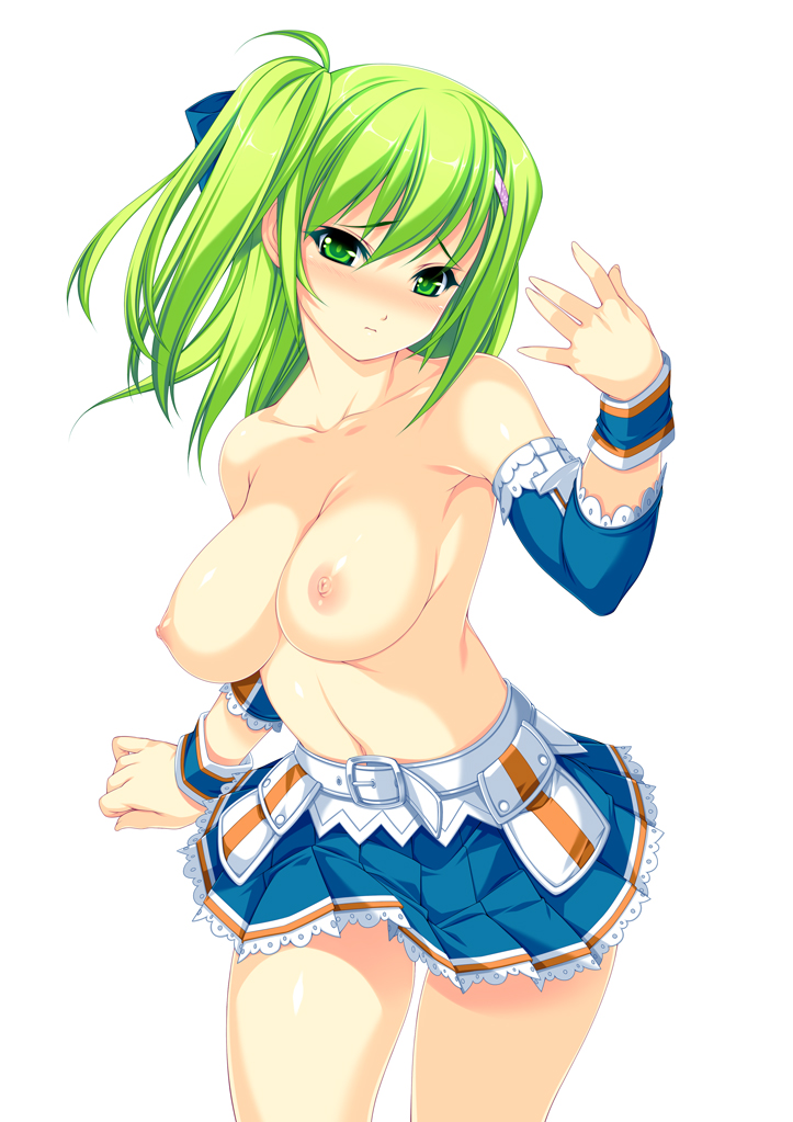1girl areolae bare_shoulders beatmania belt blush bow breasts collarbone detached_sleeves female girl green_eyes green_hair hair_bow hair_ornament hairclip kinoshita_ichi kitami_erika large_breasts long_hair looking_at_viewer navel nipples pleated_skirt raised_eyebrows simple_background skirt solo standing thighs topless twintails white_background wrist_cuffs