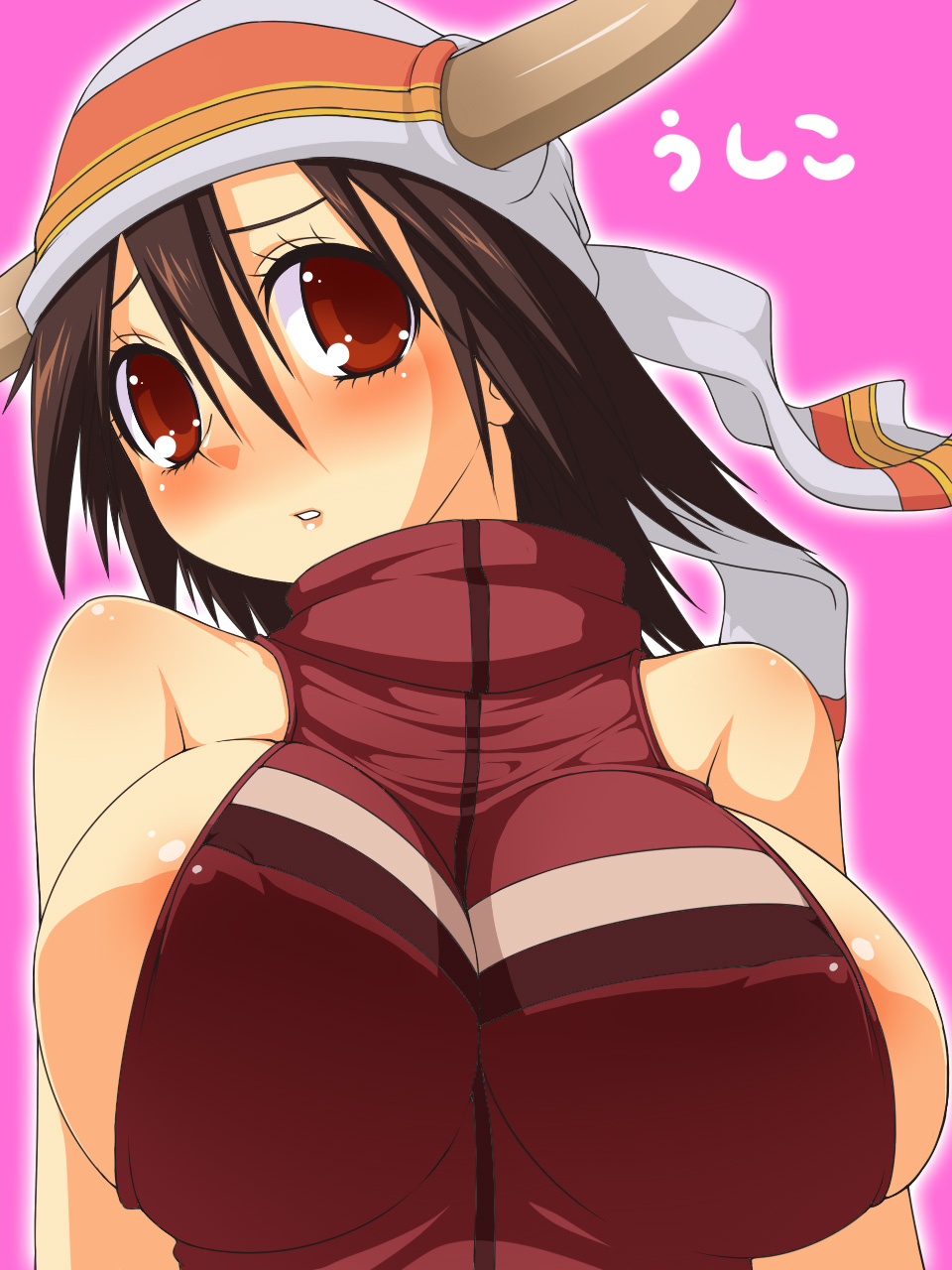 bad_id bad_pixiv_id bandana bare_shoulders breasts brown_eyes brown_hair character_request cleavage covered_nipples highres horns huge_breasts lips long_hair nipples open_mouth shirayuki_usami simple_background solo vest