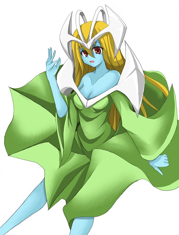 1girl blue_skin breasts cleavage dress duel_monster korican monster_(yugioh) monster_girl mystical_elf solo yu-gi-oh!