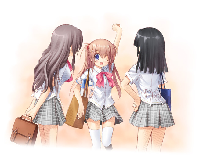 3girls blush multiple_girls school_uniform smile wink