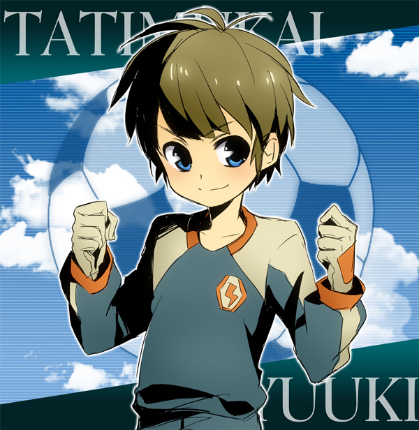 boy brown_hair gloves inazuma_eleven inazuma_eleven_(series) male_focus short_hair sky smile soccer solo tachimukai_yuuki