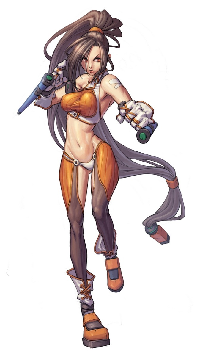 arad_senki bandaid bare_shoulders belly boots breasts brown_hair dungeon_and_fighter dungeon_fighter_online fighter fighter_(dungeon_and_fighter) gloves highres long_hair midriff muscle navel orange_eyes ponytail stomach tonfa very_long_hair weapon