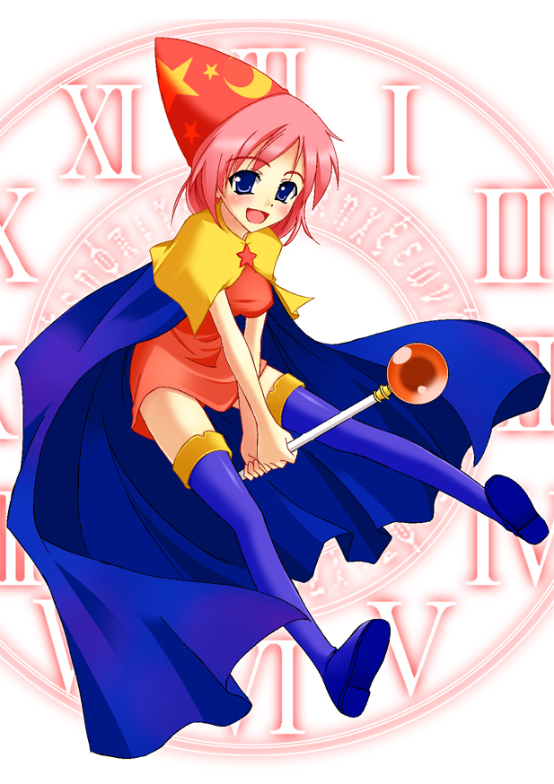 blue_eyes blush cape female final_fantasy final_fantasy_v full_body happy hat lenna_charlotte_tycoon open_mouth pink_hair short_hair solo staff tekuteku_(pixiv) thighhighs time_mage uchouten white_background