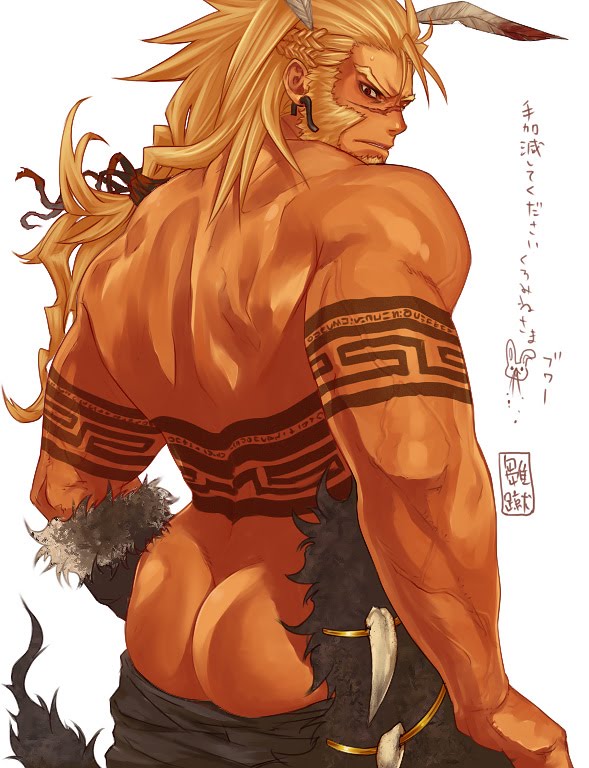 1boy artist_request ass bara blonde_hair feather feathers male male_focus muscle scar solo source_request tattoo tribal white_background
