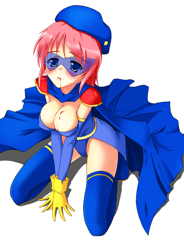 beret blood blue_eyes blue_mage blush breasts cape cleavage elbow_gloves erect_nipples female final_fantasy final_fantasy_v full_body glasses gloves hat lenna_charlotte_tycoon leotard pink_hair short_hair shoulder_pads sitting solo tekuteku_(pixiv) thighhighs uchouten white_background