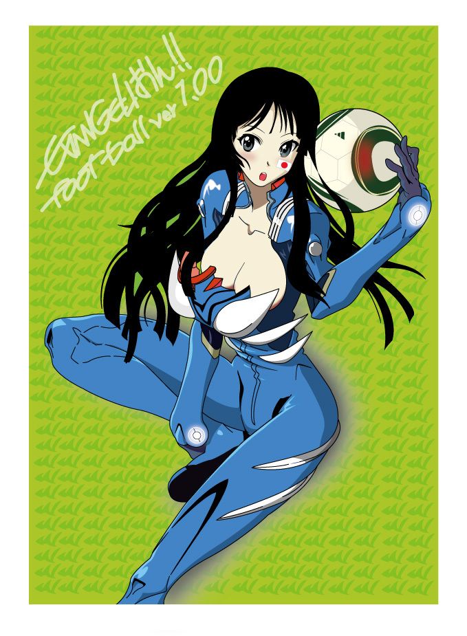 akiyama_mio ball crossover jabulani k-on! neon_genesis_evangelion open_clothes open_shirt plugsuit shirt soccer_ball solo